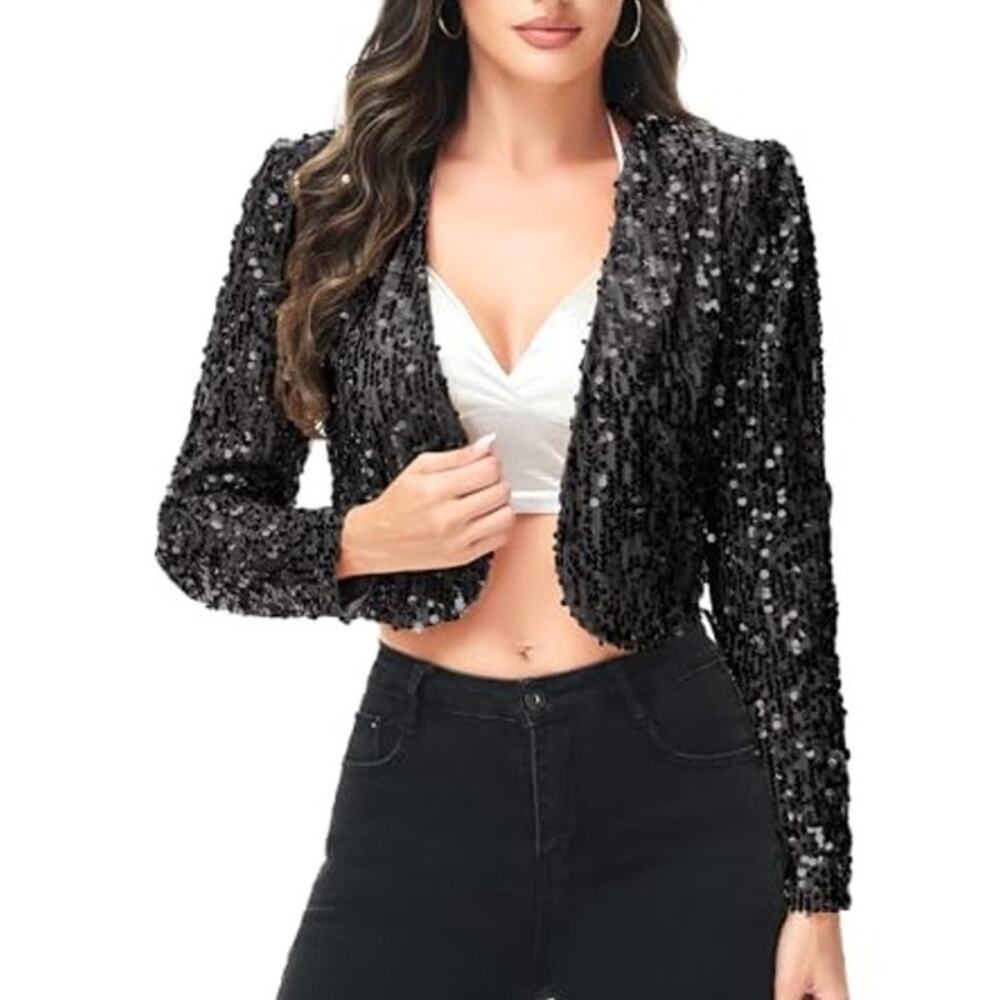 Aidan Mattox Womens Sequin Cropped Blazer Medium Black Glam Sparkle Hollywood